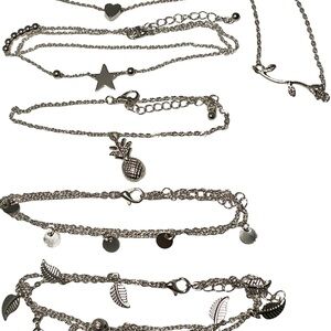 Lot of 6 silvertone anklets 9” with 2” extender ankle bracelets heart star